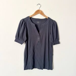 NWT LOFT Outlet Puff Sleeve Henley Top Blue Gray Size M